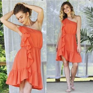 🍀NWT One Shoulder Ruffle Dress Orange/Coral